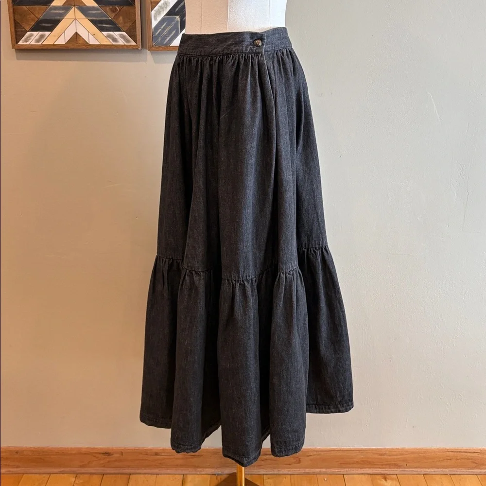 Vintage Ralph Lauren Blue Label 80s Black Denim Tiered Peasant Maxi Skirt sz 10 - Picture 7 of 15